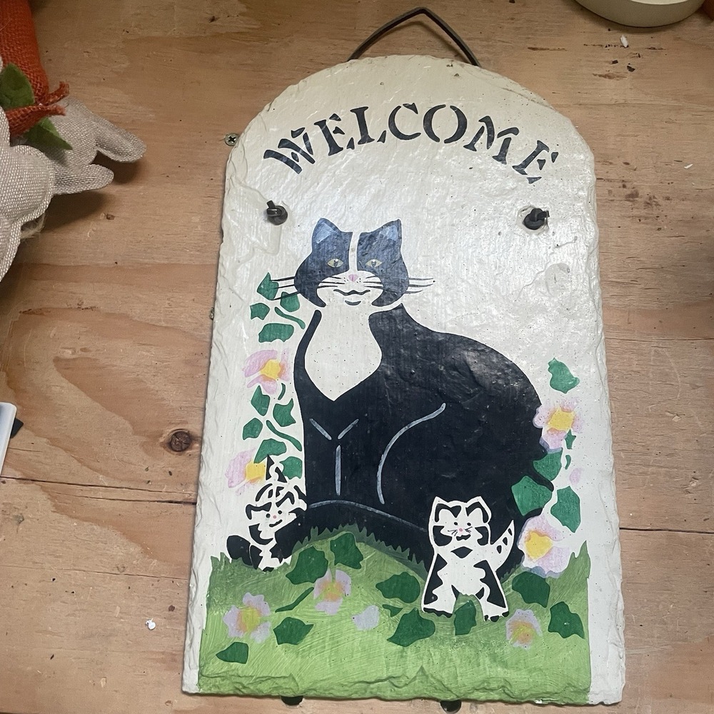 Vintage Cat Painting On Slate Welcome Sign Wall Decor